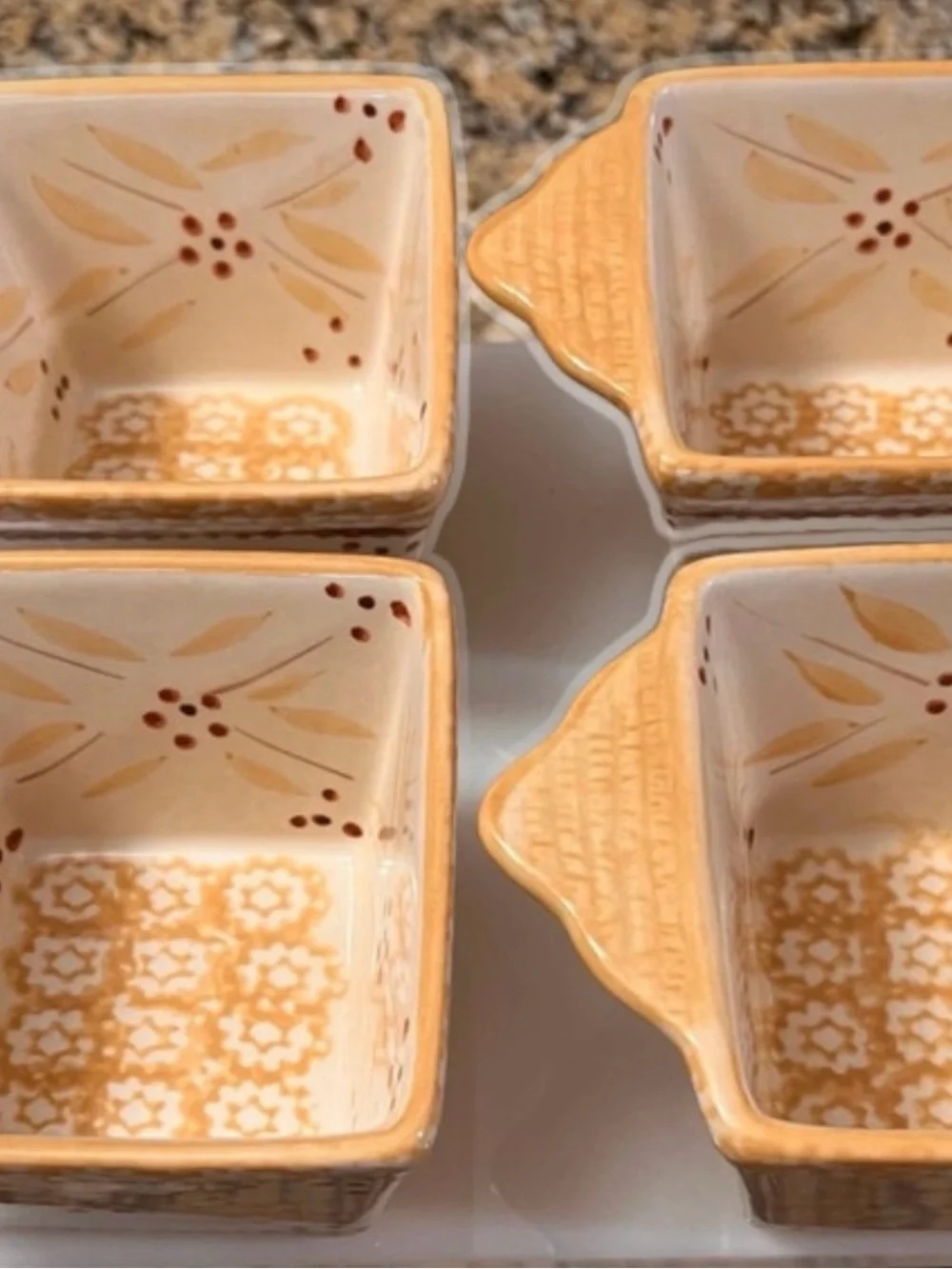 Temptations Square Ceramic Ramekins in Yellow and Brown Floral Pattern